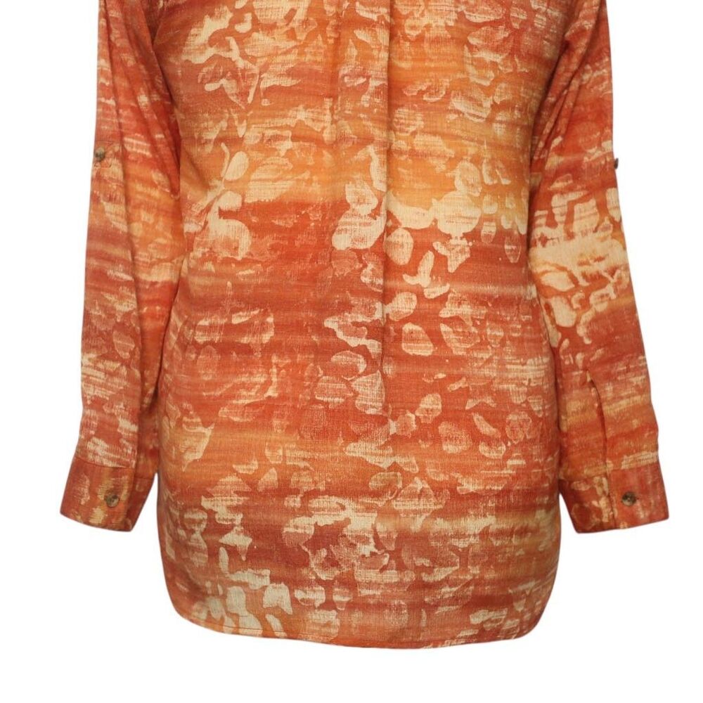 Womens Silky Chiffon Shirt Orange Floral Blouse Button Up Dressy Top Medium Work - Picture 7 of 7